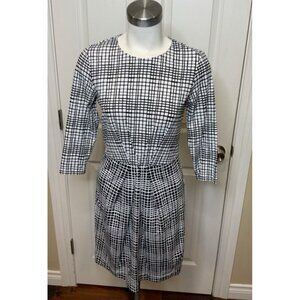 J. McLaughlin White Black Windowpane Check Long Sleeve Fit & Flare Dress Size XS